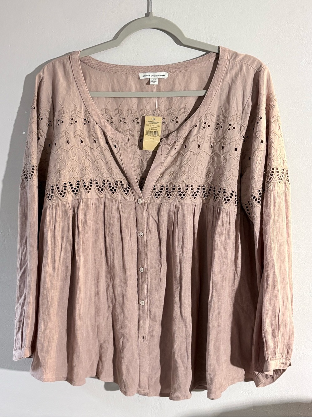American Eagle Mauve Flowy Boho Eyelet Button-Front Blouse - Picture 2 of 6